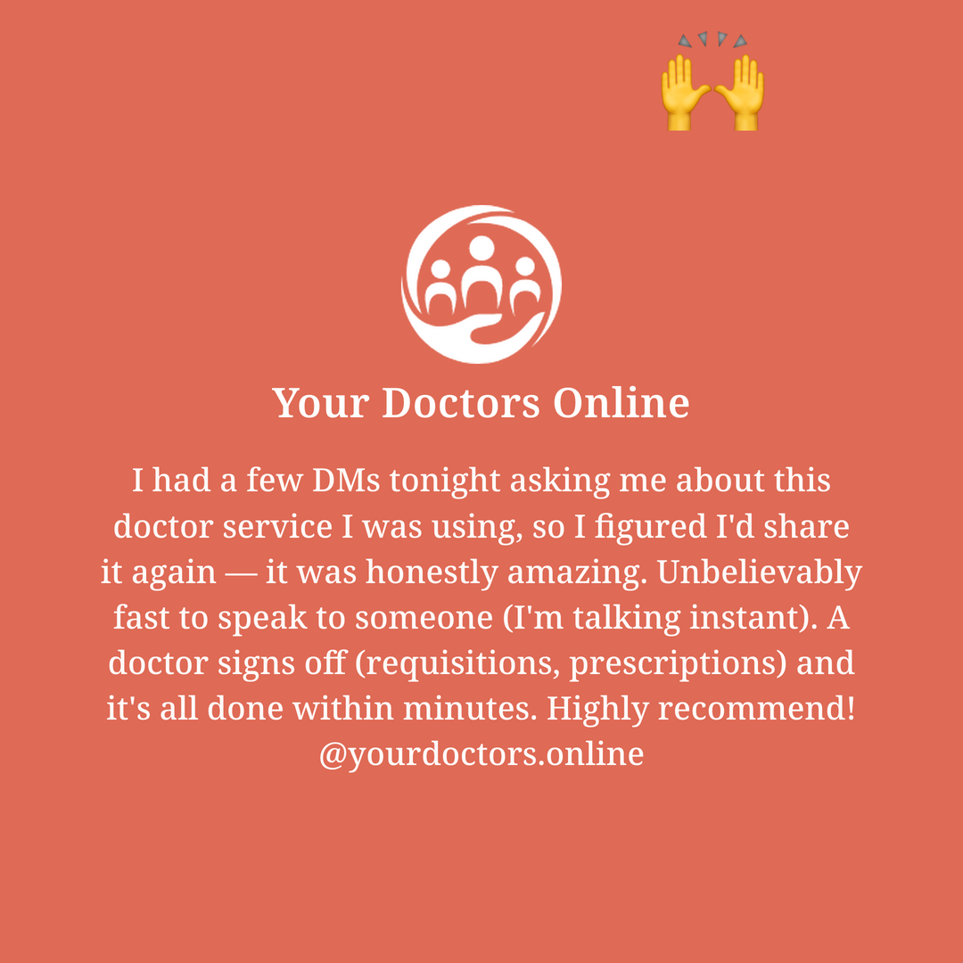 The square card: Your Doctors Online in white on coral with a short first-person testimonial.