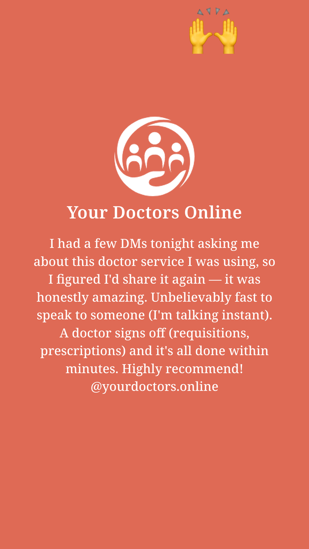 The story card: Your Doctors Online in white on coral with a short first-person testimonial.